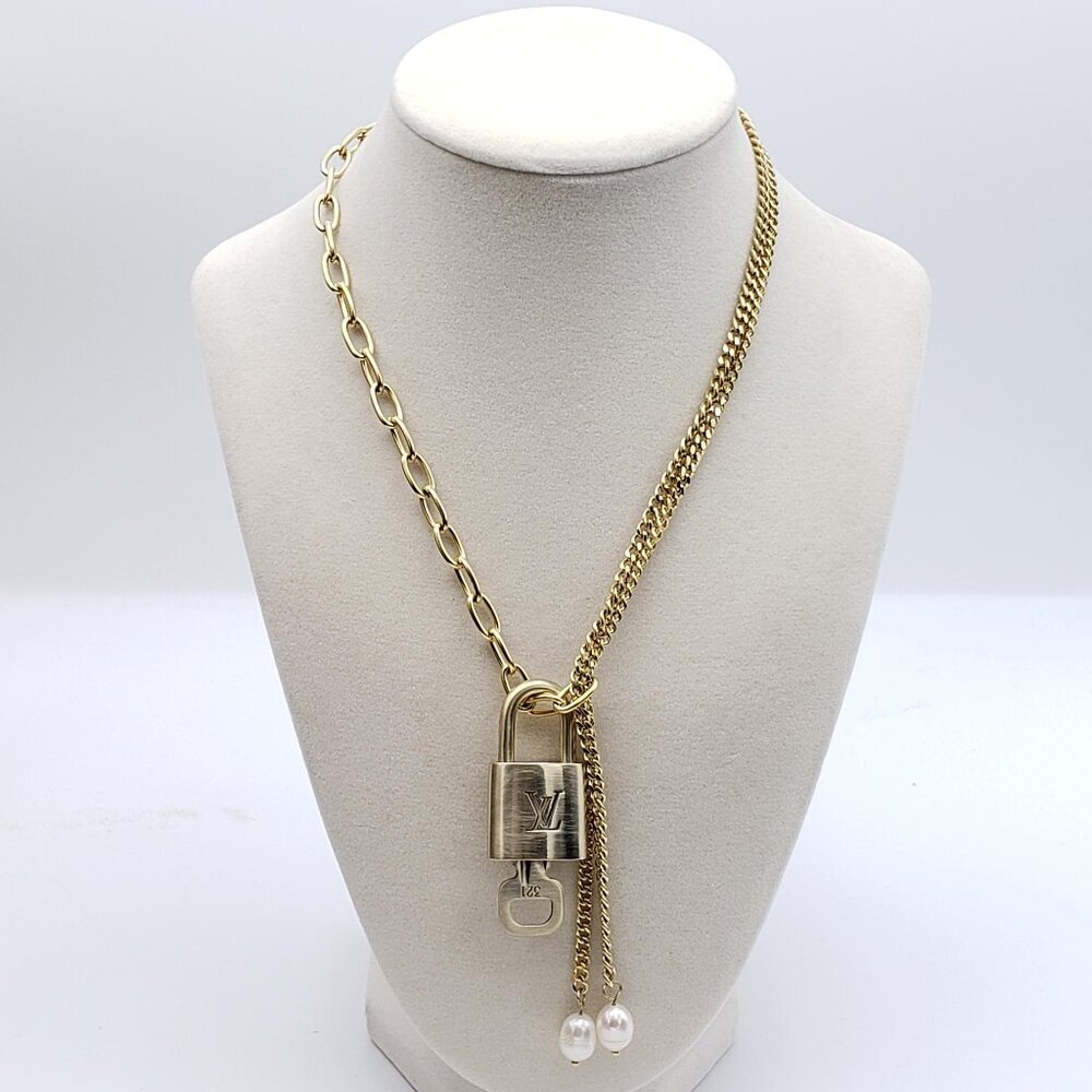 Stainless Steel Gold-Plated Necklace with Authentic Louis Vuitton Padlock